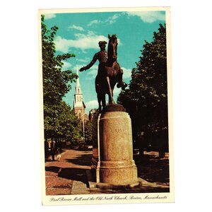 Paul Revere Mall Old North Church Boston MA Postcard Vintage Statue Tourism